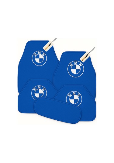Bmw Logolu Kaymaz Tabanlı Mavi Oto Halı Paspas 5 Parça Set Dayanıklı Araç İçi Paspas Takımı