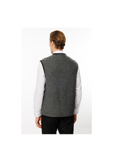 Erkek V Yaka Astarlı Saf Yün Keçe Yelek Füme Füme
