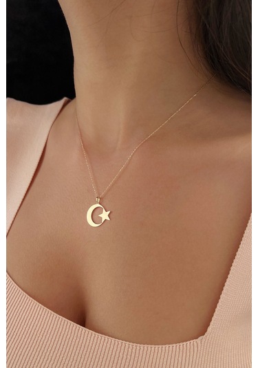 Fiyonk Kuyumculuk 14 Ayar Altın Taşsız Ay Yıldız Kolye 001