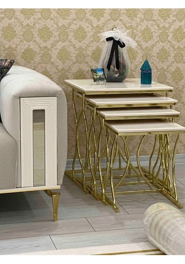 Arden Elite 4'lü Kare Zigon Sehpa Seti Gold Ayak, Krem Mdf Beyaz