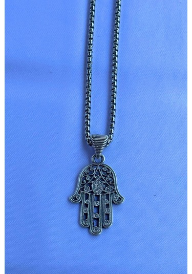 Fatma Ana Eli Desenli El İşçiliği Paslanmaz Çelik Zincir Erkek Kolye Gümüş