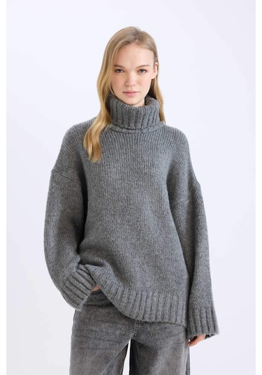 DeFacto Oversize Geniş Kalıp Balıkçı Yaka Basic Düz Triko Kazak Tunik A6445AX24CWAR192 Antrasit