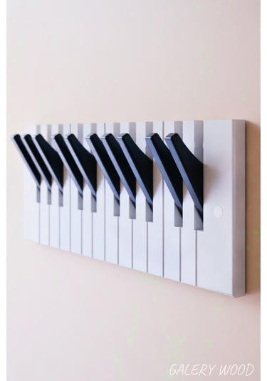 Dekoratif Piyano Elbise Askılığı 15x38 Cm 10 Tuşlu Ahşap Askıl... Beyaz - Siyah