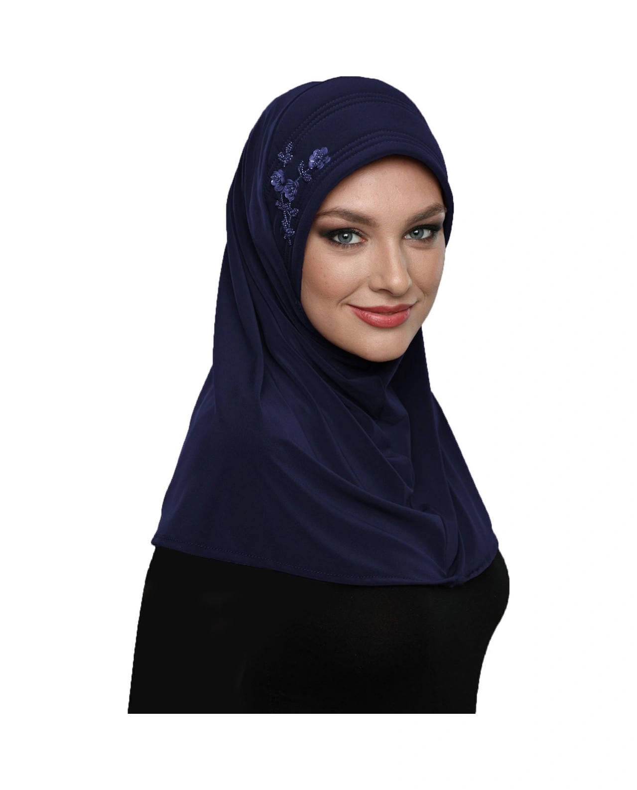 Takmatik Taşlı El Işi Boncuk Işlemeli Lacivert Hazır Türban Tesettür Bone Namaz Örtüsü Lacivert