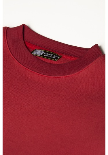 Unisex Kırmızı Oversize Kalın Üç Iplik Şardonlu Bisiklet Yaka Basic Sweatshirt Kırmızı