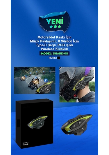 Shark8 8 Kişi 2 KM İnterkom Gürültü Azaltma Motorcu Kask Kulaklığı