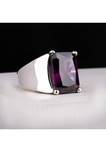 Fkgümüş 925 Ayar Gümüş Ametist Taşlı Sade Erkek Yüzük Silver