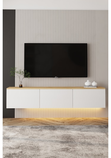 Neon Işıklı Duvara Monte Tv Ünitesi Beyaz - Safir Meşe