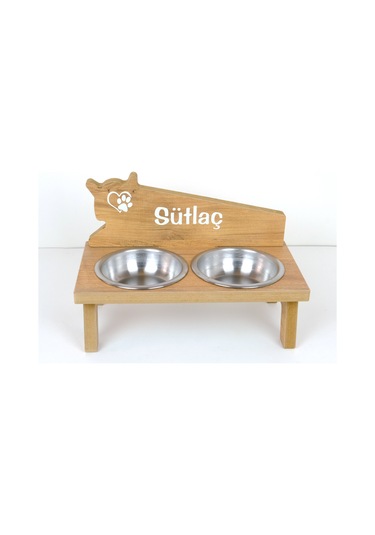 Realwood Ahşap Özel İsim Baskılı Çelik Kaseli Kedi Köpek Mama Su Kabı 450 ML