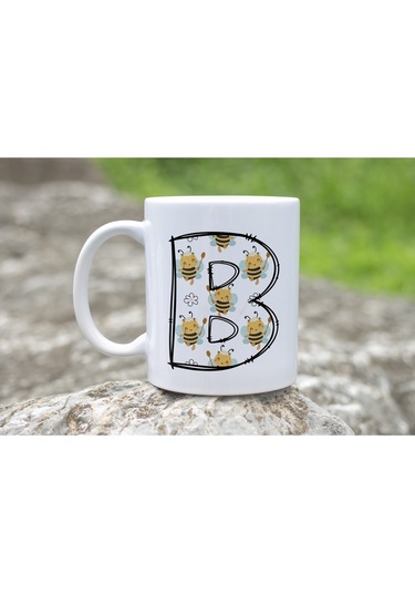 B Harfi Arı Desenli Kupa - Sevimli Hayvan Temalı Kişiye Özel Kahve Kupası - Şans Kupası Beyaz