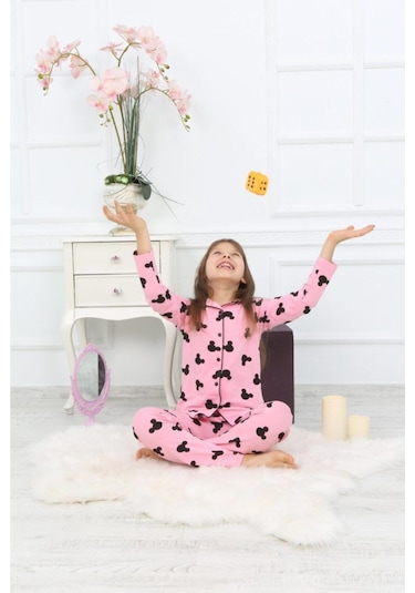 Kız Çocuk Pembe Renk Efsane Mickey Mouse Karakter Baskılı Desenli Pijama Alt Üst Takım Pembe