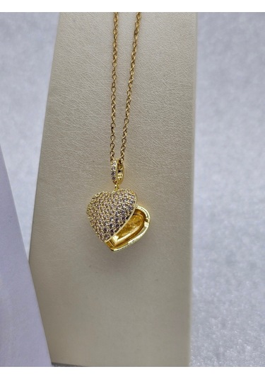 Açılır Kapaklı Kalpli Zirkon Taşlı Gold Renk Çelik Kolye Altın