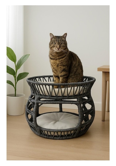 Reyo Pet Lüxperi Bombeli Kedi Ranzası 2 Katlı Kedi Yatağı Antrasit