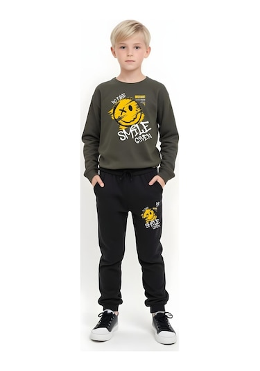 Fyk Kids 3'lü Erkek Çocuk Baskılı Yuvarlak Yaka Alt-üst Pijama Takımı Haki Yeşil