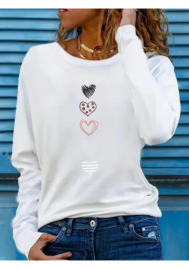 Kadın Uzun Kollu Bisiklet Yaka Desenli Viskon Bluz Beyaz