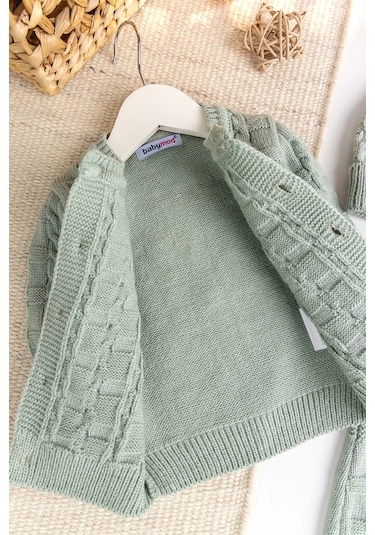 Triko Hırkalı 3'lü Ayarlanabilir Askılı Örgü Erkek Bebek Salopet Tulum Takım Set Yeşil