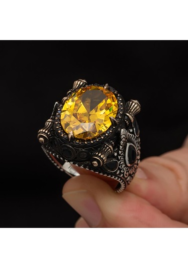 Sarı Sitrin Taşlı 925 Gümüş Erkek Yüzük Beyaz