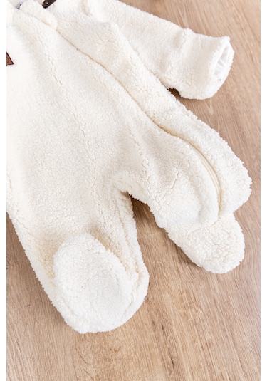 Kapüşonlu Kendinden Eldivenli Welsoft Kışlık Kız/erkek Bebek Tulum Krem