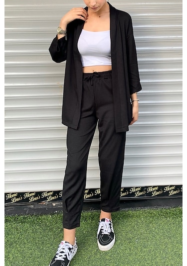Trend Alisse Paçası Pensli Bürümcük Kimono Kadın Alt Üst Takım Siyah