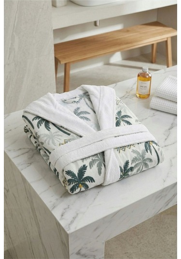 Tropical Breeze Pamuklu Desenli Kapüşonlu Bornoz Yeşil Palmiye