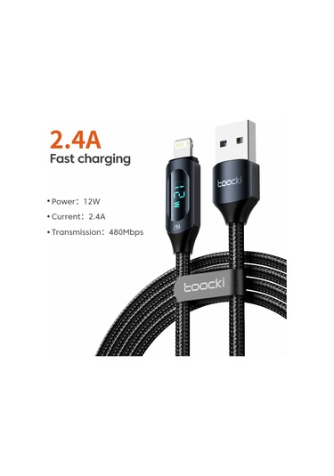 Toocki Led Ekran Usb Kablosu İphone Uyumlu 14 13 12 11 Pro Max Hızlı Şarj Cihazı Şarj 2.4a Black 1m Diğer