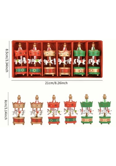 6'lı Mini Ahşap Atlıkarınca Yılbaşı Süsü - Nostaljik Carousel Dekor Seti 001