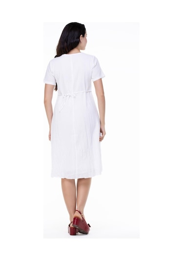 Kısa Kol Şile Bezi Lalezar Nakışlı Midi Boy Elbise Beyaz Byz-beyaz
