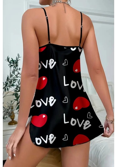 Hello Papana Hello Papana Love Desenli Siyah Saten Gecelik Çok Renkli