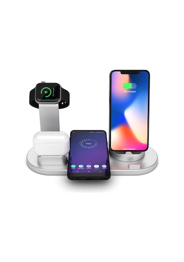 Honmex Gümüş 4'lü Kablosuz Şarj Üstü - Telefon, İwatch Ve Airpods İçin Eşzamanlı Şarj 10w Hızlı Şarj, Qı Desteği