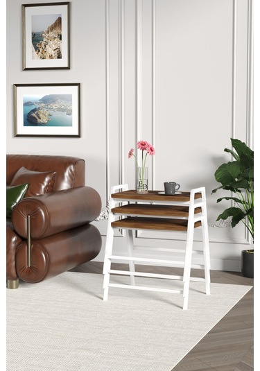 Zigon Sehpa , Aden 3'lü Tepsi Zigon Sehpa Takımı Beyaz Metal - Barok Tabla Beyaz-barok