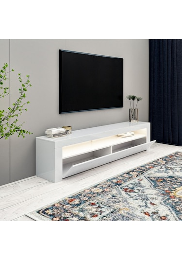 Batı LED Işıklı 2 Kapaklı TV Sehpası – 150 cm – Minimal Tasarım, Parlak Beyaz