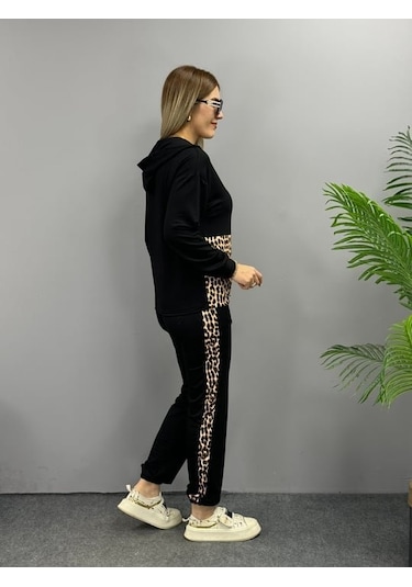 Modaserdem Kadın Uzun Kollu Leopar Detay Sweat Ve Yanı Leopar Şerit Detay Pantolon Ikili Takım Siyah