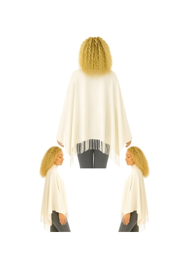 1 Adet Kadın Büyük Bedene Uygun Ekstra Yumuşak Dokulu Püskül Detaylı Kışlık Atkı Omuz Şalı Krem