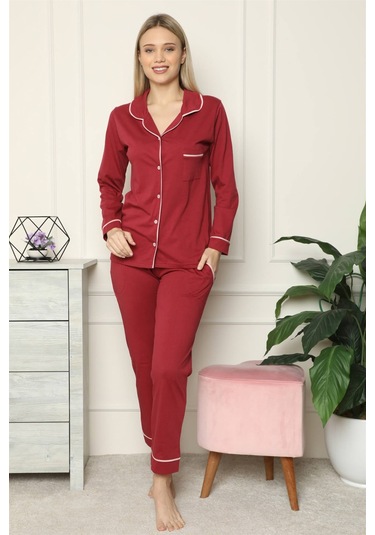 Akbeniz Kadın %100 Pamuk Penye Önden Düğmeli Uzun Kol Pijama Takım 2716 - 2XL Bordo