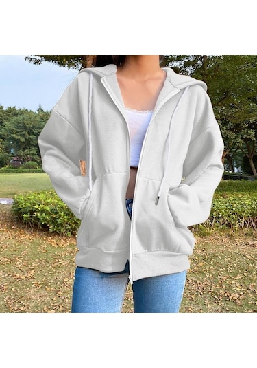 Bej Kazak Hoodie Büyük Boy Kapşonlu Hırka Tişörtü Gri Kadın Giyim Katı Fermuarlı Kapüşonlular Sonbahar Kadın Uzun Kollu Tops Bej