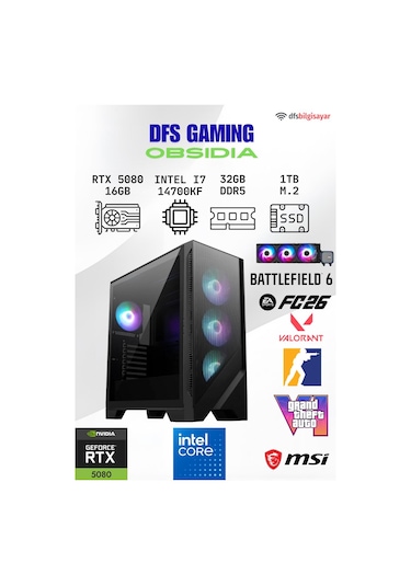 MSI DFS Gaming Obsıdıa i7-14700KF 32 GB 1 TB M.2 SSD 16 GB RTX-5080 Dos Masaüstü Oyuncu Bilgisayarı