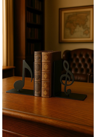 Nota Ve Sol Anahtarı Figürlü Metal Kitap Tutucu 2 Li Set Müzik Temalı Masa Üstü Dekor