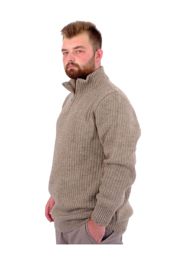 Mode Xl Büyük Beden Erkek Triko Kazak Yarım Fermuarlı Dik Yaka 24209 Vizon Vizon