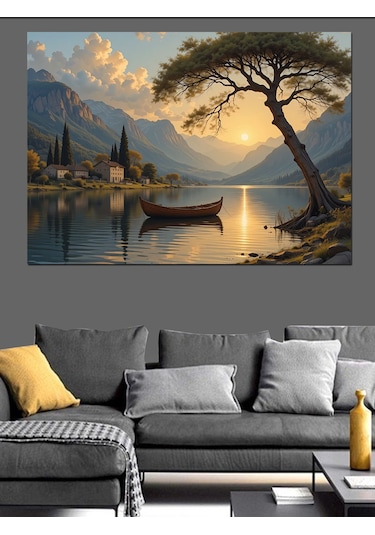 Göl Kıyısında Günbatımı Dekoratif Kanvas - Mdf Ahşap Tablo