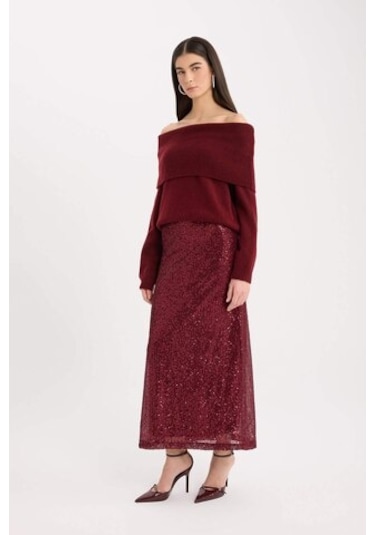 DeFacto A Kesim Normal Bel Payetli Kumaş Maxi Etek E2440AX24WNBR468 Bordo