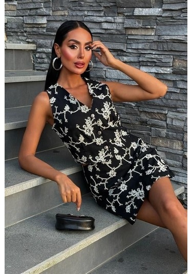 Nakışlı Yelek Şort Etekli Keten Takım 10226-08 Si Yah