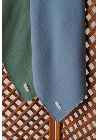 Pamuk 4 Katlı Müslin Örtü Seti 2'li İndigo Mavi ve Çağla Yeşili Mavi Yeşil