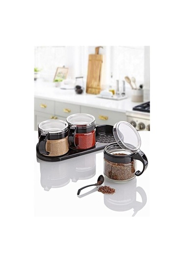 N&m Store Siyah 3lü Standlı Kapaklı Kaşıklı Cam Hava Sızdırmaz Baharatlık Takımı Kc-386 Çok Renkli