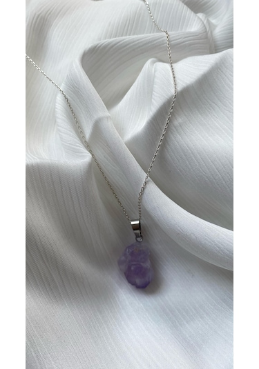 İlknur Doğal Taş Evi Ahşap Kutulu Ametist Gümüş Kolye