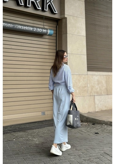 WeShaya Kadın Bebe Mavi Beli Lastikli, Rahat Kalıp, Cepli Uzun Etek Bebe Mavisi