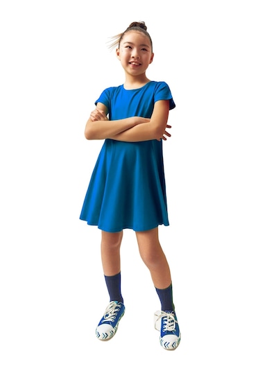 Lovetti Saks Kız Çocuk Düz Basic Kısa Kol Elbise 9560S018 Saks