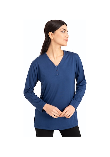 Kadın Orta Yaş ve Üzeri Dört Mevsim V Yaka Rahat Kalıp Likralı Viskoz Anne Penye Bluz 140-İndigo Indigo