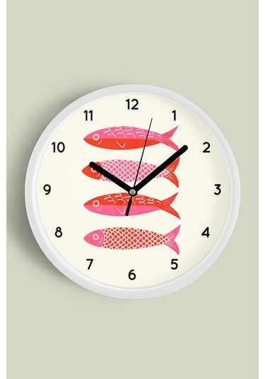 Renkli Balıklar Tasarım Modern Duvar Saati - Çocuk Odası Duvar Saati - 35cm - Önü Camlı Beyaz Kasa Beyaz