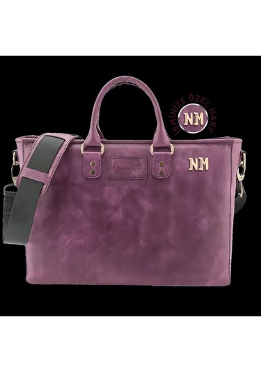 İsme Özel Günlük Kullanım El Omuz Evrak Laptop Çantası - %100 Deri - Ac09004 - Mor-134429 Siyah