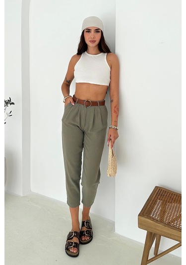 Kemer Detaylı Keten Pantolon Haki Haki